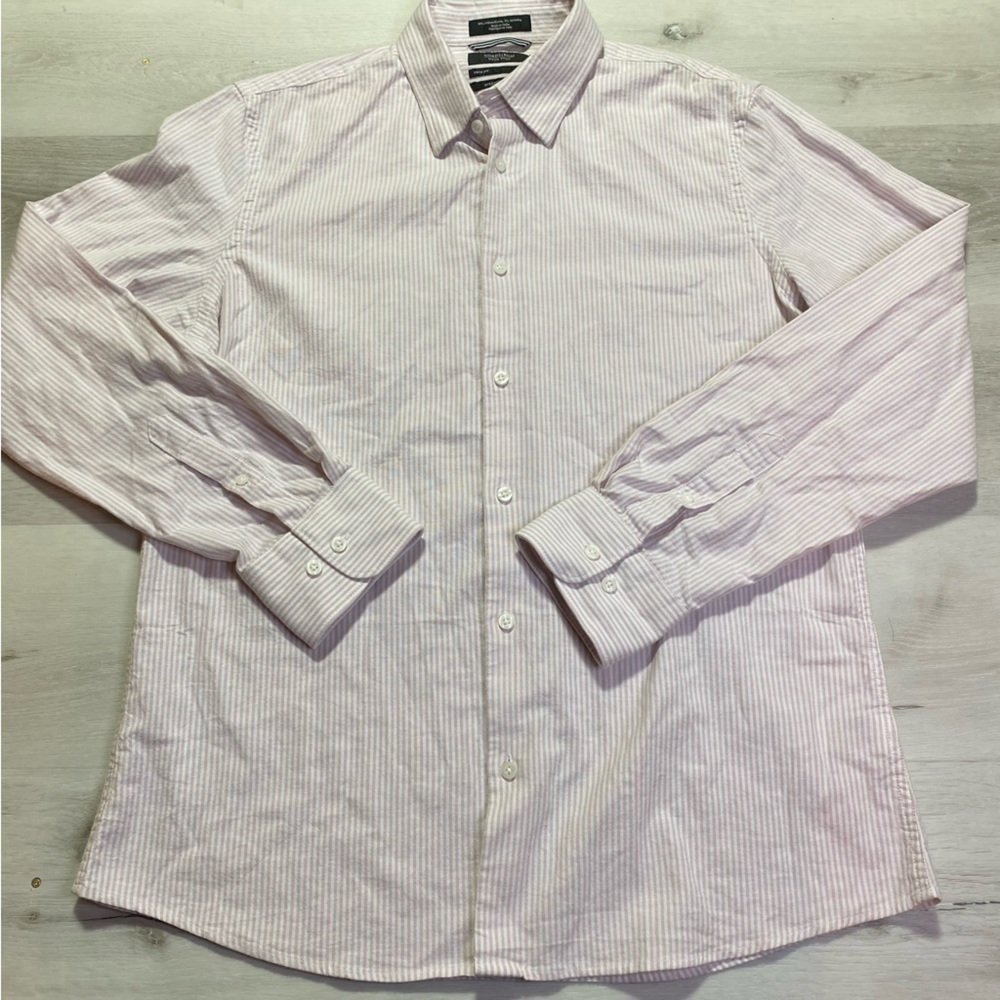 Nordstrom Trim Fit Stripe Stretch Cotton Oxford Button-Up Shirt,Pink/White, Lg